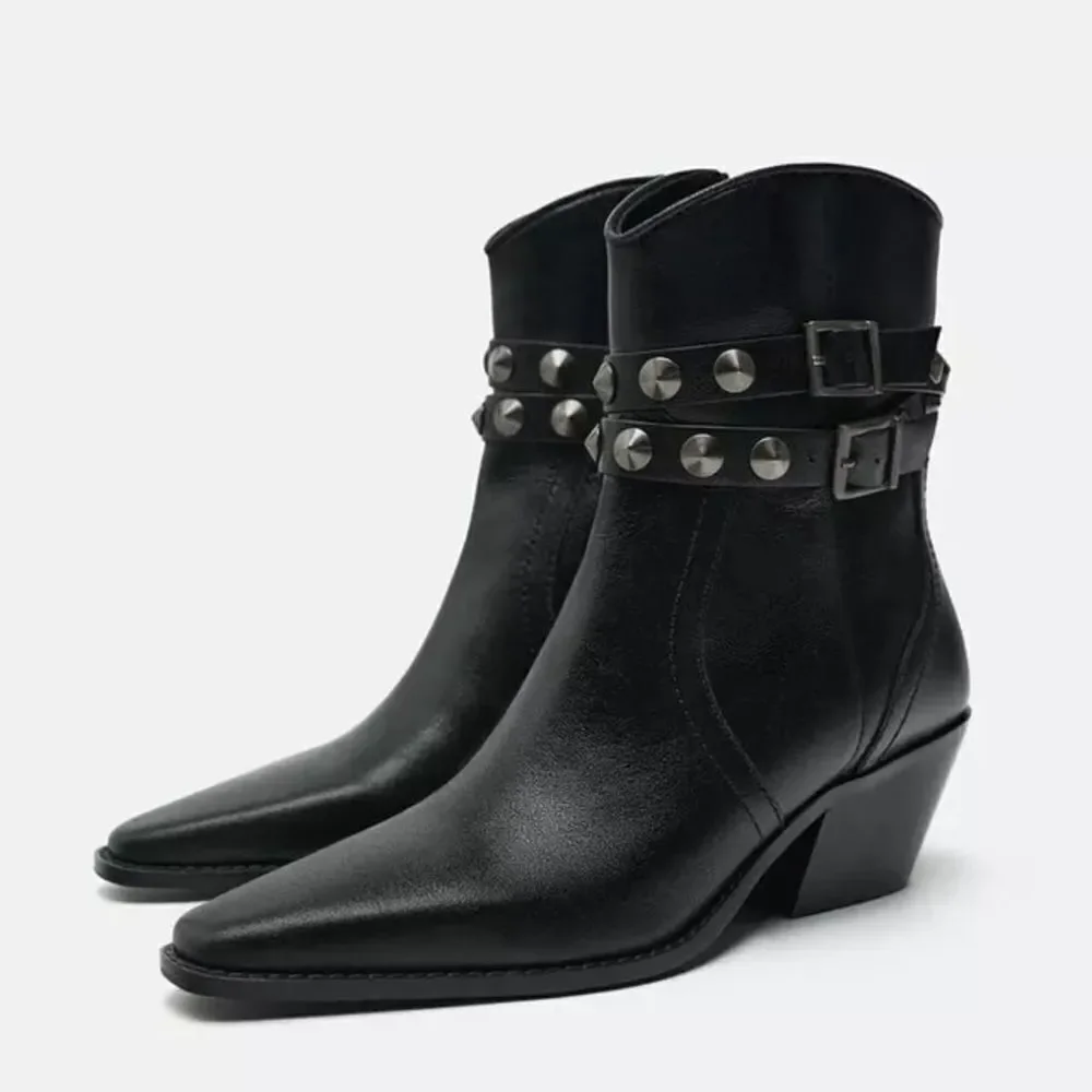 Zara Black Leather Strap Cowboy Comfortable Block Heel Ankle Boots